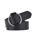 Minimalist black adjustable belt with silver round buckle made of synthetic leather - 105cm / Black