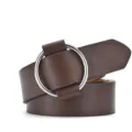 Minimalist brown faux leather belt featuring a classic silver round pinless buckle for jeans - 105cm / Coffee