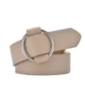 Minimalist taupe faux leather belt featuring a polished silver round buckle for women - 105cm / Beige