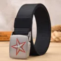 Mens casual canvas belt with stylish metal buckle and red star design for everyday wear. - Pentagram / Black