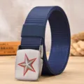 Men canvas belt with metal buckle casual outdoor tactical strap solid blue fashion pants belt - Pentagram / Blue