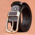 Cintura in pelle nera da uomo con elegante fibbia ad ardiglione dorata per affari e lavoro - 120cm / Fibbia Oro Caffè