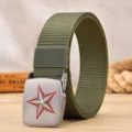 Military style canvas belt for men with durable metal star buckle, casual outdoor trouser belt. - Pentagram / Green