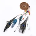 Bohemian peacock feather braided hair band and waist belt with colorful beads and leather cord. - 167cm / Khaki