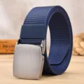 Men canvas casual belt with silver metal buckle, adjustable holeless design for daily wear. - Flat Knit / Blue