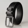Classic black leather belt for men featuring a textured silver alloy pin buckle - Black / 110cm