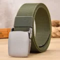 Green canvas belt for men, casual outdoor waist belt with metal buckle, stylish trouser strap. - Flat Knit / Green