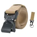 Khaki nylon tactical belt with quick-release metal buckle and keyring accessory for outdoor. - Khaki Belt with Eagle Beak Hook