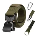 Military tactical nylon belt with quick release metal buckle, tactical green, with 3 accessories. - Green Belt with Tactical Hook and Horizontal Mount