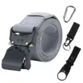 Grey tactical nylon belt with metal quick-release buckle and 3 outdoor utility accessories. - Grey Belt with Tactical Hook and Horizontal Mount