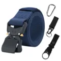 Blue nylon tactical belt with quick release metal buckle and tactical gear attachments. - Blue Belt with Tactical Hook and Horizontal Mount
