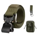 Army Green Tactical Nylon Belt Quick Release Metal Buckle Set with Pouch and Key Strap - Green Belt with Tactical Hook and Pouch