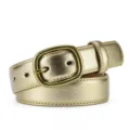 Gold women leather belt with vintage brass pin buckle, textured stylish accessory for jeans. - 105cm / Gold