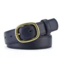 Detailed close-up of a women's vintage navy blue leather belt with an elegant brass oval buckle. - 105cm / Navy Blue