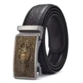 Premium men's black leather belt featuring a 3D crocodile head automatic buckle for business - Copper Gold Buckle Double Line Style / 110cm