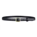 Close-up of a slim black leather belt featuring a classic gold rectangular buckle. - 100cm / Black
