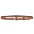 Detailed macro view of the vintage slim brown leather belt with a golden pin buckle closure. - 100cm / Brown