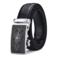 Men's stylish black leather belt featuring a detailed crocodile head automatic buckle - Silver Trim Buckle Double Line Style / 110cm