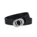 Black pebbled leather belt with rhinestone-encrusted double-circle silver buckle for women - Black (Silver Buckle)