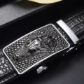 Black crocodile pattern leather belt with automatic 3D crocodile head buckle - Silver Trim Buckle Crocodile Coffee Style / 110cm