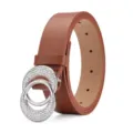 Brown leather belt for women featuring a crystal-encrusted double-circle buckle - Khaki With Silver Buckle