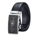 Black leather belt for men with 3D crocodile head automatic buckle design - Silver Trim Buckle Wrapped Edge Style / 110cm
