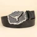 Western cowboy style belt detail featuring an intricate alloy bull head buckle and embossed PU leather strap. - Black / 110cm