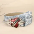 Vintage punk style denim belt with red heart dagger metal buckle, cool retro jeans accessory. - 110cm / Light Blue