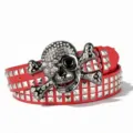 Retro punk skull rhinestone belt with pyramid studs, Y2K street style leather belt detail. - Red