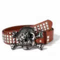 Retro punk skull rhinestone belt square pyramid studs Y2K street style leather belt - Coffee