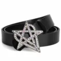 Black leather belt featuring a dazzling rhinestone-encrusted star buckle for women. - 120cm / Black
