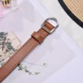 Minimalist thin brown PU leather waist belt with matte silver D-ring buckle for women - Khaki