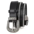 Close-up of punk style black leather belt with silver studs and vintage buckle - Black / 105cm