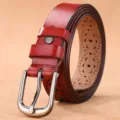 Unisex casual leather belt in deep reddish brown featuring a stylish silver metal buckle - Pin Buckle Hollow Style / 110cm / Red