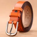 Casual orange cowhide leather belt with decorative perforated patterns and silver buckle - Pin Buckle Hollow Style / 110cm / Khaki