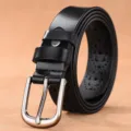 Elegant black minimalist cowhide leather belt featuring a classic silver pin buckle for jeans - Pin Buckle Hollow Style / 110cm / Black