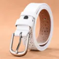 Premium white leather belt featuring a decorative hollow-out pattern and classic silver buckle - Pin Buckle Hollow Style / 110cm / White