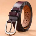 Cintura in pelle bordeaux scuro senza fori con fibbia argentata elegante per jeans - Caffè