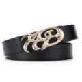Fashionable reversible American retro belt with large gold metal buckle on black leather - Litchi Pattern (P0702) / Black (Gold Buckle)