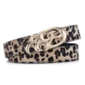 Retro leopard print belt featuring a large ornate gold-toned metal buckle for women - Litchi Pattern (P0702) / Gold Buckle Leopard