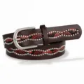 Close-up detail of brown leather belt with red snakeskin pattern and silver studs - 100cm / Coffee