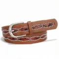 Detailed shot of a brown fashion belt featuring silver rivets and snake pattern - 100cm / Khaki