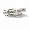 Close-up of a white fashion belt for women featuring decorative wavy rhinestone patterns - 100cm / White