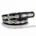 Close-up of black fashion belt featuring shiny rhinestone wave pattern for women - 100cm / Black