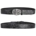 Vintage embossed black leather belt featuring a gothic cross metal buckle for men and women. - 110cm / Type E Black