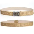 Vintage embossed floral leather belt with detailed silver cross buckle, stylish waist accessory. - 110cm / Style D Khaki