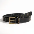 Detailed shot of black punk rivet belt with gold studs and engraved D.SIGN buckle - 110cm / Black