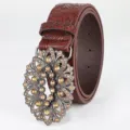 Vintage brown leather belt featuring floral embossing and a sparkling rhinestone buckle - Burgundy / 110cm