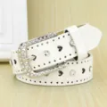 Elegant white glossy women's belt with rhinestone buckle and heart cutouts - White / 110cm