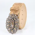 Vintage beige leather belt with embossed floral patterns and hollow rhinestone buckle - Khaki / 110cm